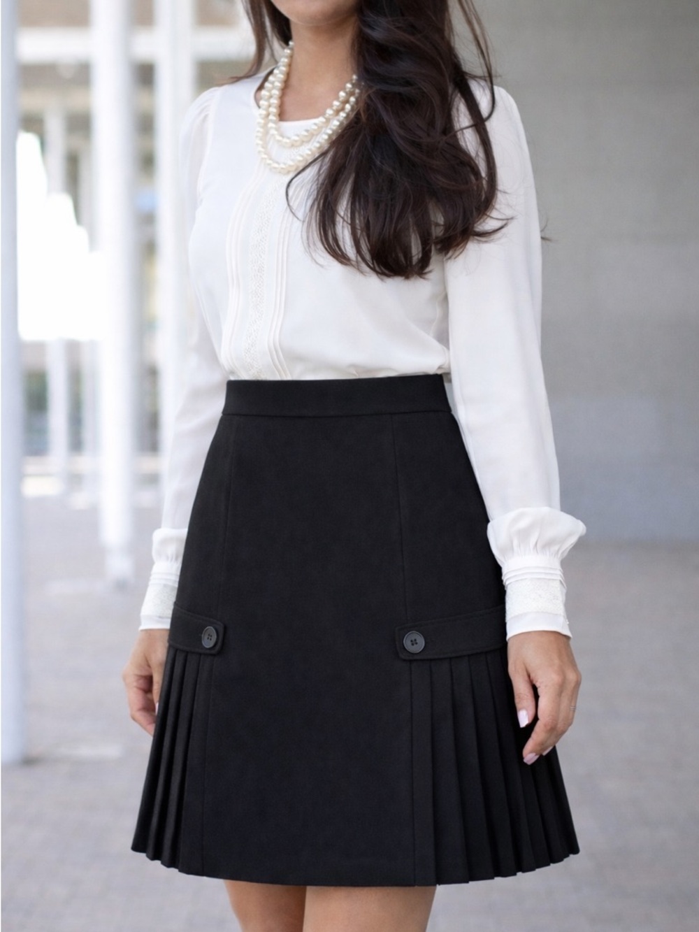 Larry Levine Black Midi Skirt with Pleated Hem and Button Tabs         Size 10